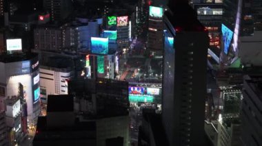 Gece şehrindeki cadde ve binaların hava görüntüleri. Reklamlı büyük renkli ekranlar. Tokyo, Japonya.