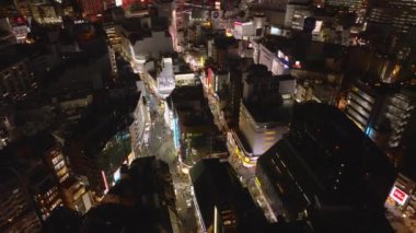 Geceleri caddelerin üzerinde ileriye doğru uçarlar. Shibuya bölgesindeki alışveriş caddelerinde yürüyen insanlar. Tokyo, Japonya.
