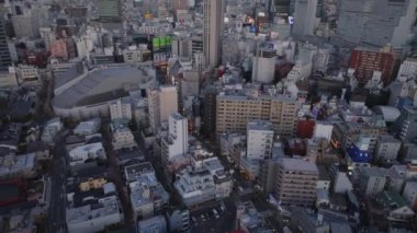 Gün batımından sonra yoğun şehir gelişiminin yüksek açılı görüntüsü. Şehir merkezindeki modern yüksek katlı ofis binalarını ortaya çıkarın. Tokyo, Japonya.