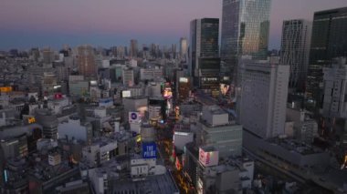 Akşam Shibuya bölgesindeki ticari merkezin hava görüntüleri. Alışveriş caddesi ve reklamlı büyük ekranlar. Tokyo, Japonya.