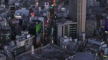 Şehir merkezindeki gece caddelerinin ve binaların yüksek açılı görüntüsü. Büyük ekranlarda renkli reklamlar. Tokyo, Japonya.