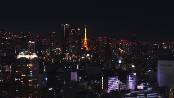 Αεροφωτογραφία Της Σύγχρονης Μητρόπολης Νύχτα Ψηλά Κτίρια Κόκκινα Φώτα Ασφαλείας — Αρχείο Βίντεο