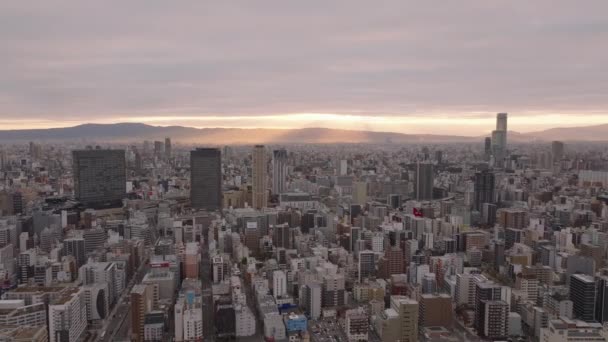メトロポリス上空を飛び 朝の太陽が遠い丘を背景に照らしています 都市部の高密度都市開発 — ストック動画