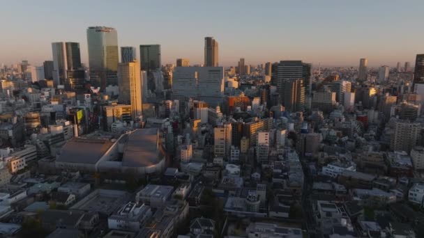 일몰에 도시에서 개발의 자치구 백그라운드 비즈니스 타워에 — 비디오