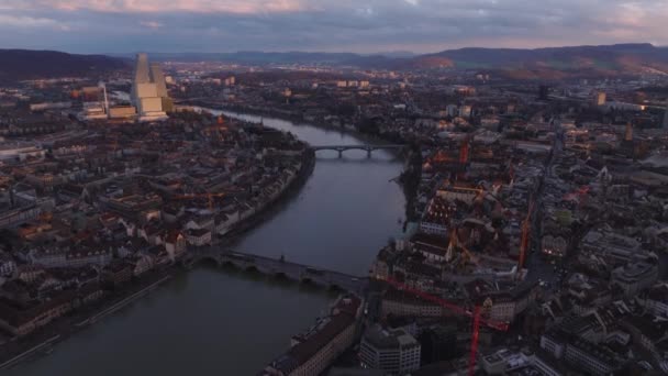 Gün Batımında Ren Nehri Nin Havadan Panoramik Görüntüsü Son Güneş — Stok video
