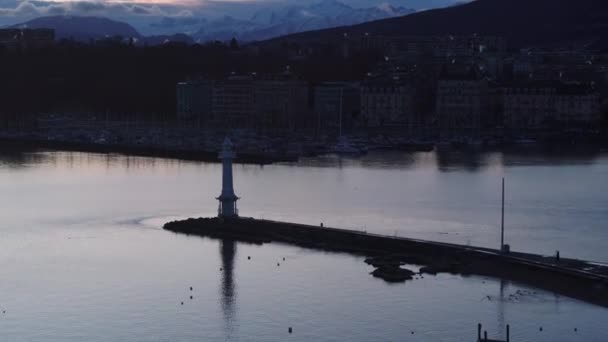 Letecký Ranní Záběr Ženevského Jezera Městě Silueta Majáku Phare Des — Stock video