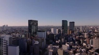 İleri uçuyor, kara kuş görüntülerde uçuyor. Yoğun şehir gelişimine sahip şehir manzarası. Tokyo, Japonya.