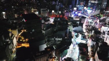 Modern metropolün hava görüntüleri. Yüksek binalar, ışıklar ve geceye doğru parlayan büyük ekranlar. Tokyo, Japonya.