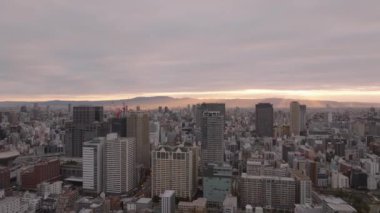Metropolün havadan panoramik görüntüsü. Şehir ilçelerindeki binalar. Doğan güneş arka plandaki mahalleleri ve tepeleri aydınlatıyor. Osaka, Japonya.