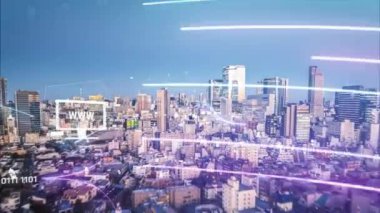Gelişmiş analiz ve görselleştirmeler ile dinamik bir şehir manzarasını gösteren, fütüristik veri örtüleri ile Metropolis ufuk çizgisi.