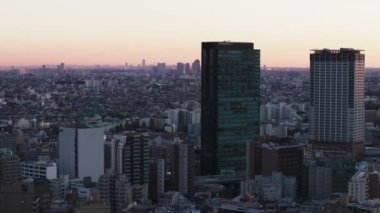 Alacakaranlıktaki Metropolis 'in havadan panoramik görüntüsü. Yüksek binalar ve şehir manzarası grubu. Tokyo, Japonya, 10 Şubat 2024
