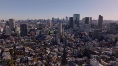 Metropolün havadan panoramik görüntüsü. Kentsel yerleşim yerlerindeki evler ve arka plandaki yüksek binalar. Tokyo, Japonya, 10 Şubat 2024