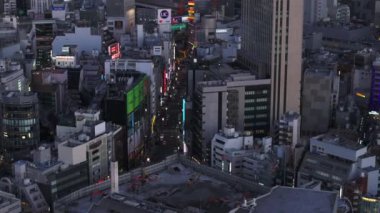 Şehir merkezindeki gece caddelerinin ve binaların yüksek açılı görüntüsü. Büyük ekranlarda renkli reklamlar. Tokyo, Japonya, 10 Şubat 2024