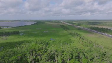 Louisiana 'nın canlı sulak arazileri otobandan geçerek doğanın ve insan yapılarının güzelliğini ön plana çıkarıyor..