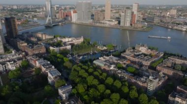 Rotterdam 'ın hava manzarası, canlı şehir manzarası, yeşil alanlar ve Nieuwe Maas nehri üzerindeki ünlü erasmus köprüsü..