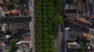 Kuş bakışı, orta büyüklükteki bir Avrupa şehrini, yol kenarına park edilmiş klasik apartman daireleri ve araçlarla ağaçlar boyunca uzanan caddelerde hareket eden arabaları gösteriyor..