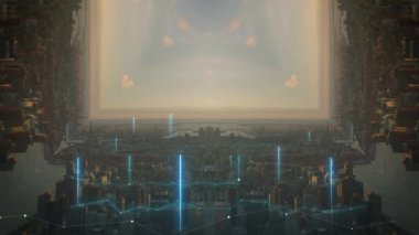 Gün batımında büyük bir şehir, şehir merkezinde çeşitli binalar. Soyut bilgisayar efekti dijital oluşturulmuş görüntüler. Arttırılmış gerçeklik görsel efektleri.