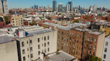 Brooklyn, New York 'taki Güney Williamsburg mahallesinde uçan kuş sürüsü, sonbaharda ağaçlarla kaplı bir caddede yaşamı renklendiriyor..