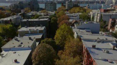 Williamsburg caddelerinde ilerleyen hava manzarası, arka planda East River ve Midtown Manhattan manzaralı rengarenk sonbahar yapraklarıyla dolu..