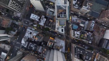 Kuşlar, Manhattan sokaklarını ve New York 'un çatılarını gün batımında gösteriyor. Binaları yakalıyor, hareketli bir şehir sahnesinde trafik akıyor..