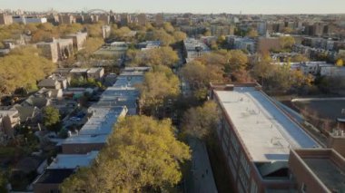 Havadan bakıldığında altın renkli sonbahar manzarası, yoğun ağaç örtüleri Queens 'teki yerleşim bölgelerine yayılmış, mevsimsel dönüşüm sergiliyor..
