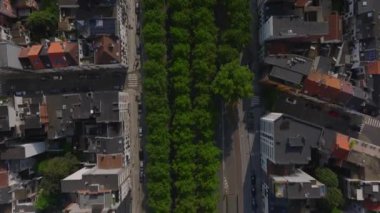 Kuş bakışı, orta büyüklükteki bir Avrupa şehrini, yol kenarına park edilmiş klasik apartman daireleri ve araçlarla ağaçlar boyunca uzanan caddelerde hareket eden arabaları gösteriyor..