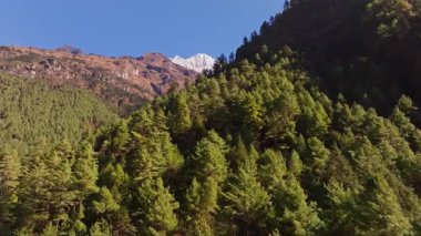 Karla kaplı tepelerle çevrili yeşil vadili dağ manzarası Himalaya arazisinin dramatik hava perspektifinde el değmemiş yabanı gözler önüne seriyor..