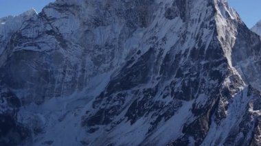 Everest Tepesi 'nin havadan görünüşü, dünyanın en yüksek zirvesi, kar örtülü zirvesi ve engebeli yamaçlarıyla Nepal manzarasına hakim..
