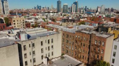 Brooklyn, New York 'taki Güney Williamsburg mahallesinde uçan kuş sürüsü, sonbaharda ağaçlarla kaplı bir caddede yaşamı renklendiriyor..