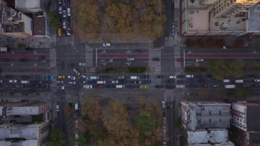 Manhattan kavşağının hava görüntüsü, yüksek gökdelenler ve canlı yeşillikler arasındaki trafik akışının sonbahar şehir ritmini ortaya çıkarıyor..