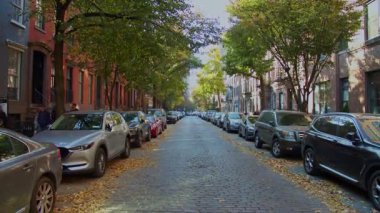 Sessiz bir ağaçta koşan genç adam güneşli bir sonbahar gününde tipik Manhattan kahverengi taşlarıyla dolu bir caddede koşuyor. NYC, ABD, 11.5.2024.