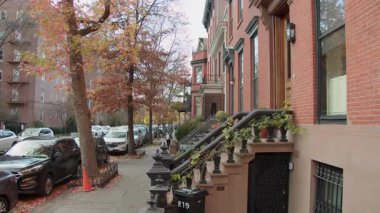 New York 'ta sakin cadde boyunca uzanan klasik kumtaşı konak evlerini çevreleyen canlı sonbahar yaprakları.