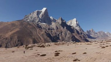 Himalayalar 'da kıraç arazide gezinen yürüyüşçü. Arka planda görkemli kar örtülü dağlar..