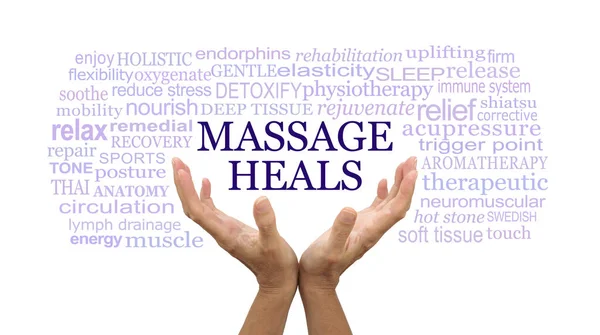 Simplistic Massage Heals word tag cloud - female cupped hands reaching up with the words MASSAGE HEALS floating above surrounded by a relevant word cloud on a white background