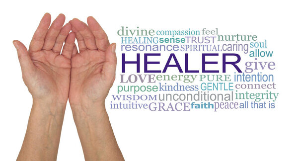 The Humble Hands of A Faith Healer Word Cloud - пара женских чашечек рук, изолированных на белом фоне, идеальная тема для исцеления