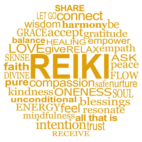 Reiki Circle Healing Words Palabras Doradas Sobre Fondo Blanco Ideales —  Fotos de Stock