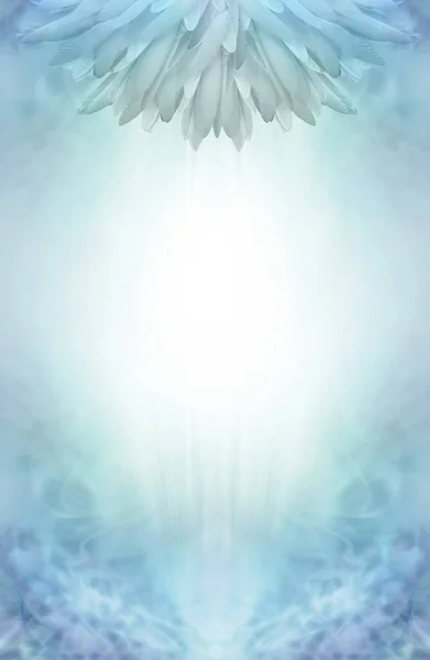 ティールブルースピリチュアルな羽ファンテンプレート 精神的なテーマの証明書 ディプロマ 招待状 メモのための理想的な下に大きなコピースペースを持つ細長い薄い薄い青緑の色白の羽の半円形のファン — ストック写真