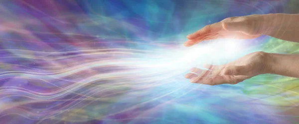 Channeling High Resonance Healing Energy Female Parallel Hands White Light — Stock Photo, Image