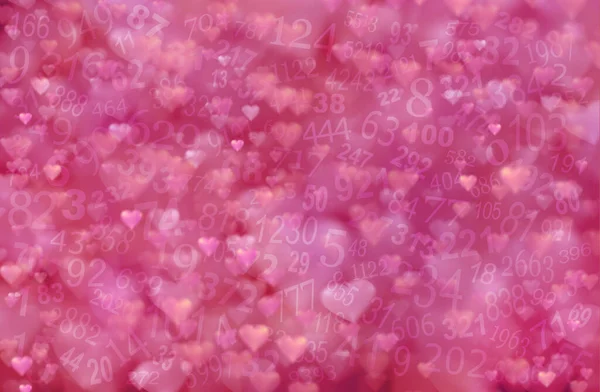 愛の心と混沌とした数字 バレンタイン広告 招待状 ウェブサイトのバナーテンプレートに最適な乱数でいっぱいの赤いピンクのボケの心の背景の数字の概念 — ストック写真