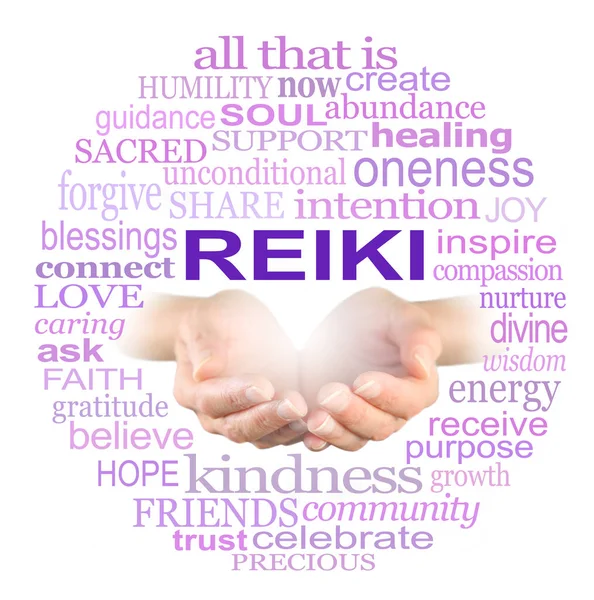 Reiki Share Healing Word Cloud Circle Закриті Руки Цілителя Оточені — стокове фото