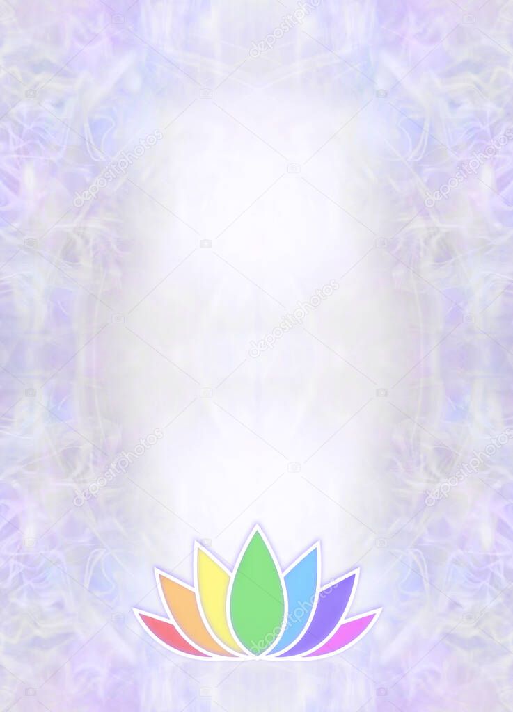 Lotus flower outline logo memo frame template - lotus symbol in bottom centre on pale blue lilac frame border background ideal for award, diploma, advert, invitation, event or course content