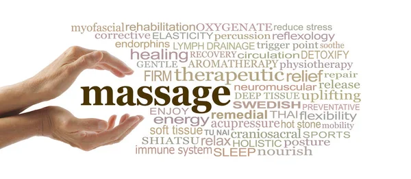 Słowa Związane Zaletami Massage Kobiece Dłonie Otoczone Chmurą Słów Istotnych — Zdjęcie stockowe