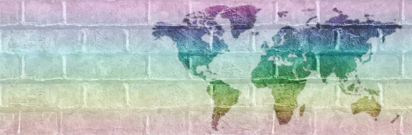 Modelo Campanha Mapa Mundo Colorido Arco Íris Textura Parede Tijolo — Fotografia de Stock