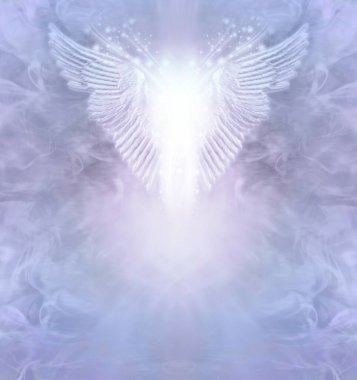 Beautiful Lilac Angel Healing Therapy Award Diploma Certificate Announcement Background Template - pair of wings with bright white light between on wispy lilac blue background and space for text 