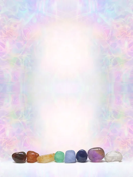 Chakra Healing Crystal Therapy Award Diploma Certificate Background Template - mystical  multicoloured energy field background with eight rainbow coloured stones and copy space for accreditation purposes