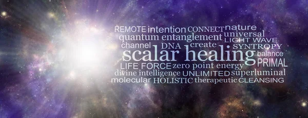 Zero Point Light Wave Scalar Healing Word Cloud - bright white big bang deep space event on left side with a SCALAR HEALING word cloud on right against cosmos background