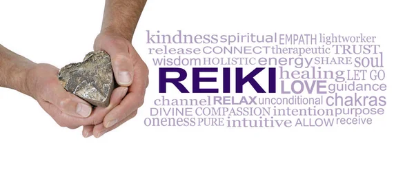 Male Reiki Healer Word Cloud White Hands Holding Wooden Heart — Stock Photo, Image