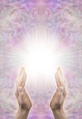 Reiki Distant Healing Template Message Background - Male Reiki Master Healer with parallel hands reaching into white star orb light against beautiful energy field background and copy space