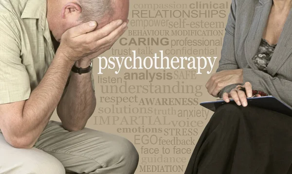 Get psychotherapy help with your mental health issues - male with head in hands beside female psychotherapist holding clipboard and a relevant word cloud between them