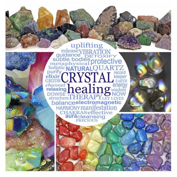 Five Section Crystal Therapy Collage with central circular word cloud - raw specimens, polished stones and chakra colour tumbled crystals arranged around a round Crystal Healing word cloud